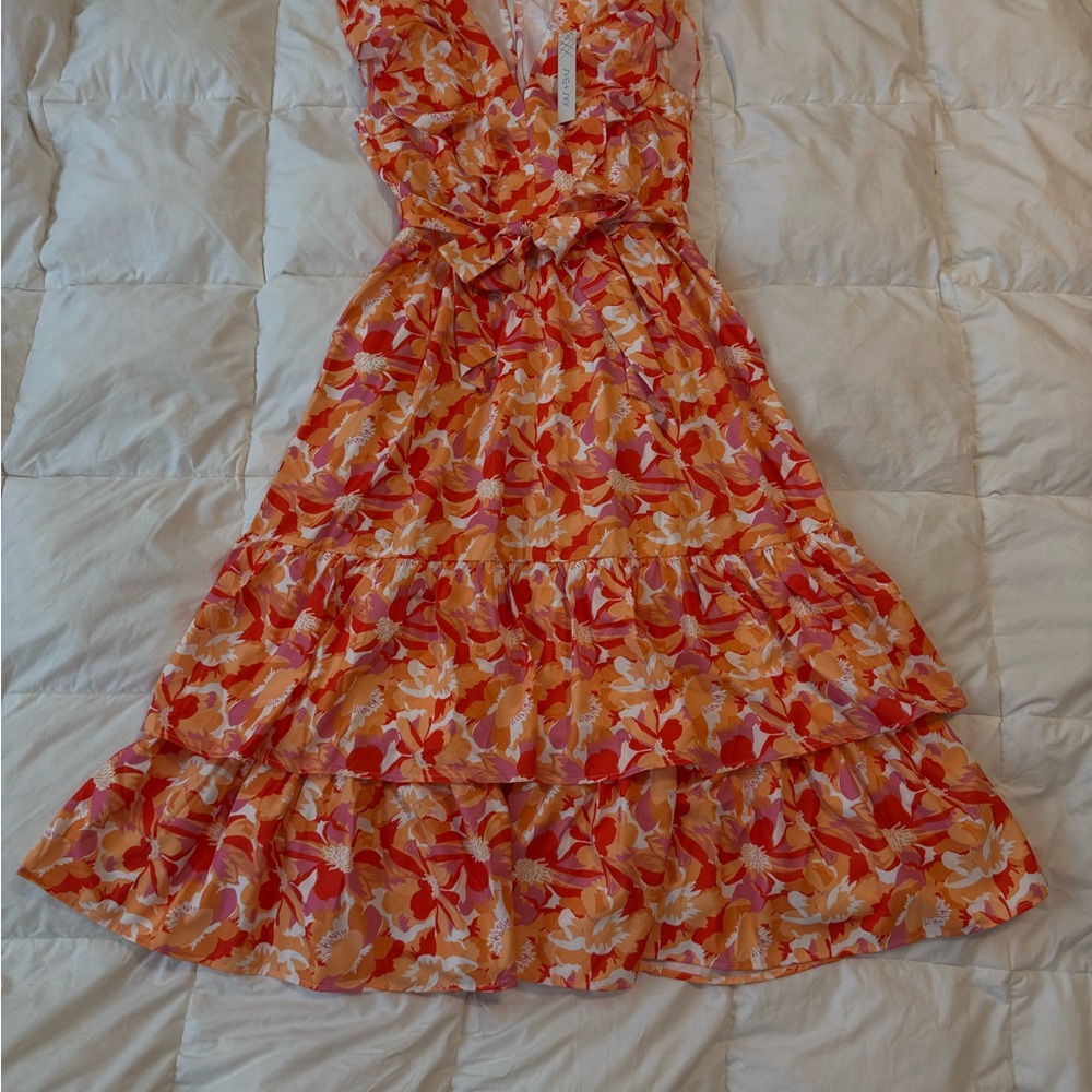 She + Sky Vibrant Floral Dress in Red and Orange